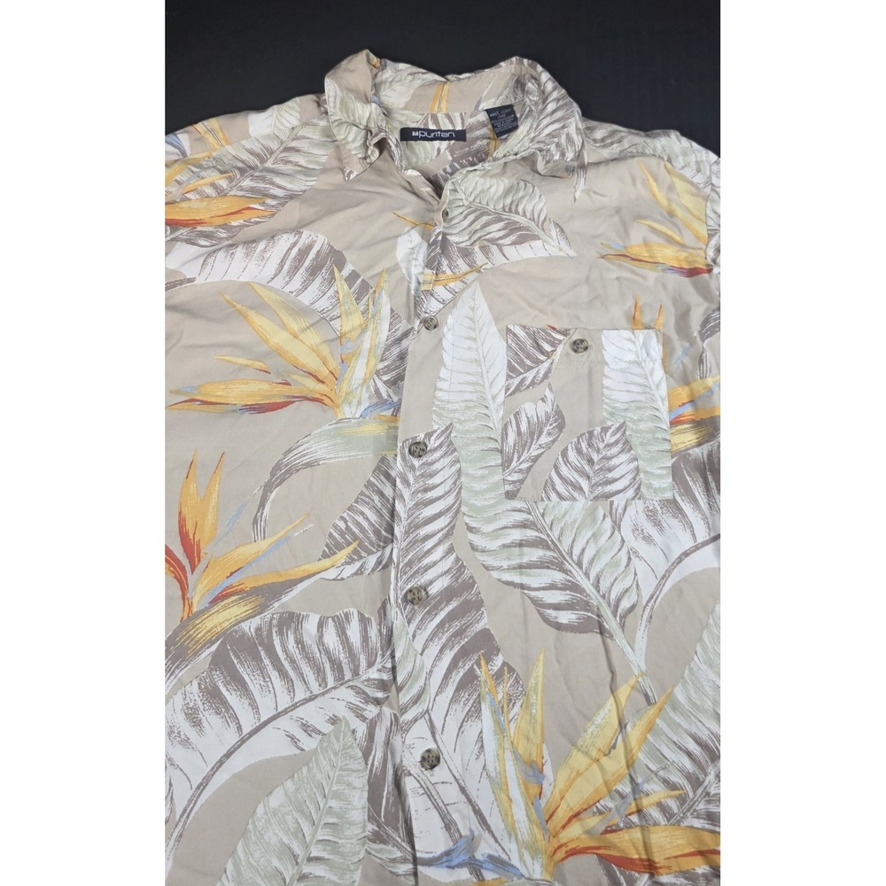 Puritan Mens Large Hawaiian Shirt Bird of Paradise Floral Tropical Rayon Tan L - Picture 6 of 11